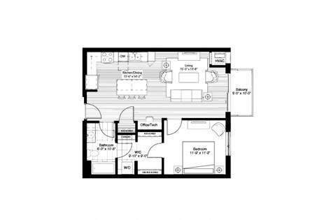 Floor plan for 1 bed, 1 bath, 775 sqft